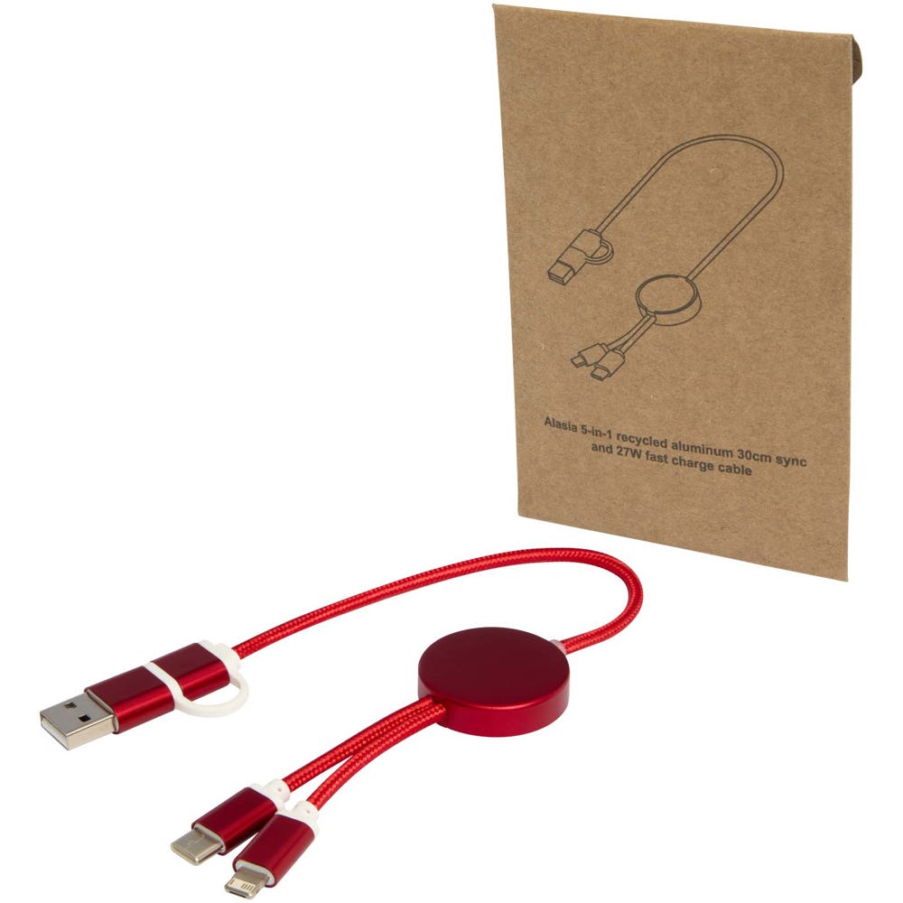 Alasia 5-in-1 recycled aluminium and plastic 30 cm data sync and 27W fast charge cable - Red