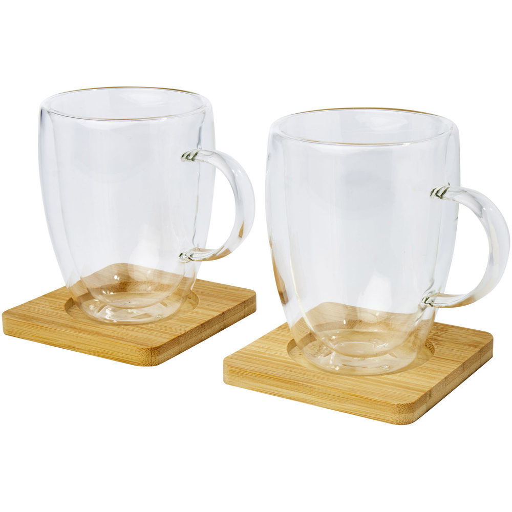 Manti 2-piece 350 ml double-wall glass cup with bamboo coaster 