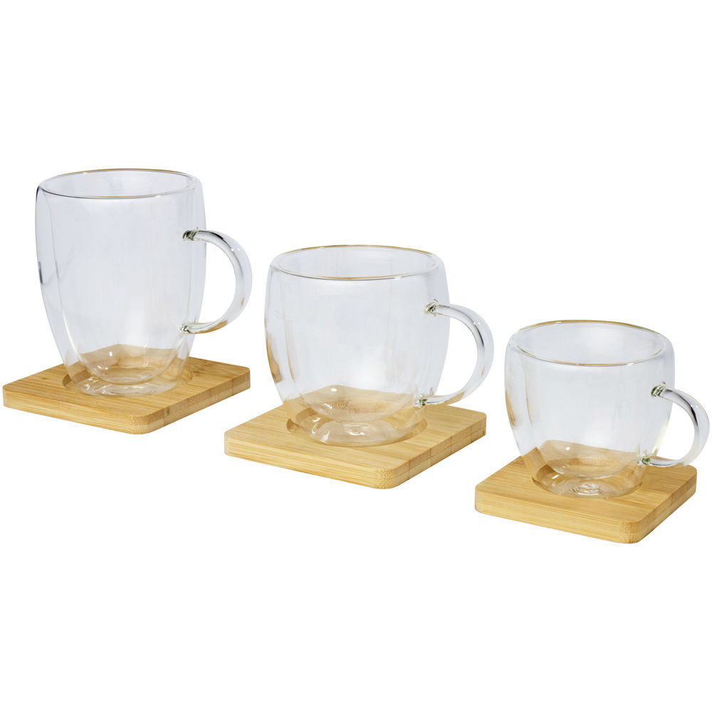 Manti 2-piece 350 ml double-wall glass cup with bamboo coaster 
