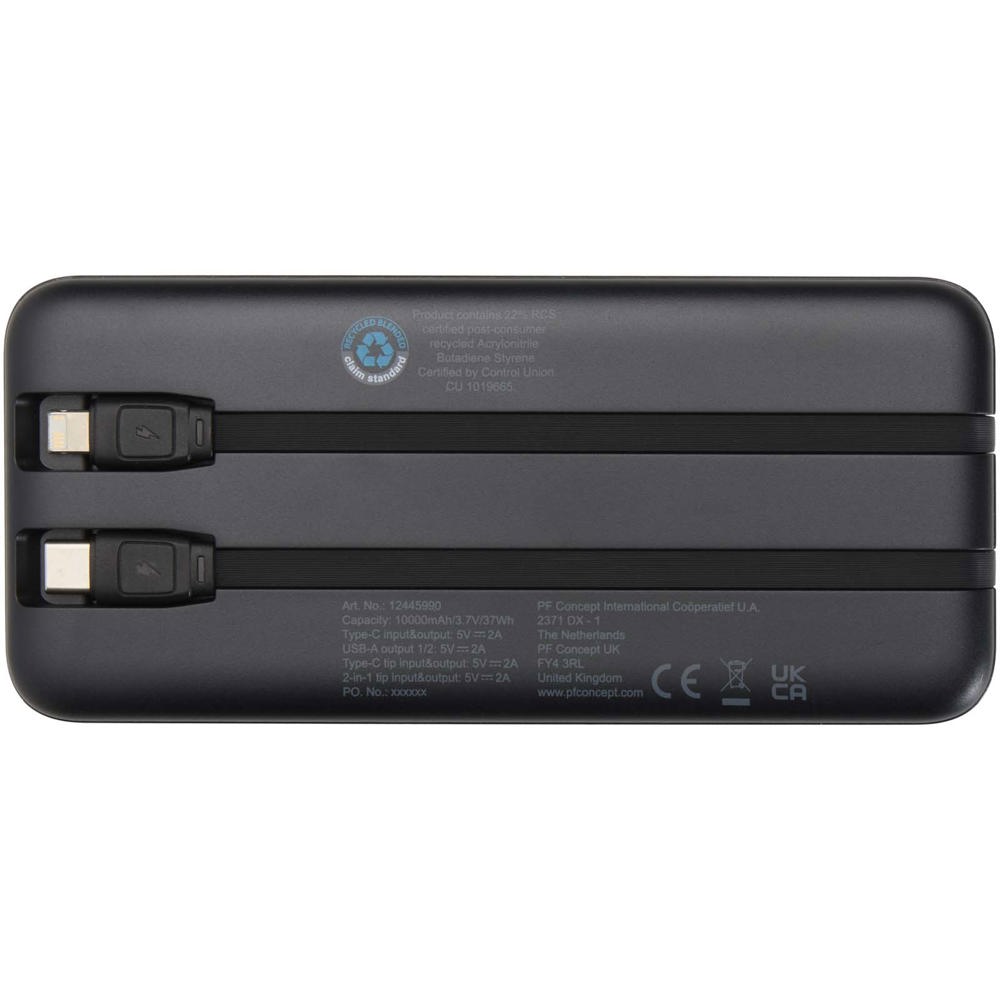 Adhil 10.000 mAh 10W recycled plastic power bank with 2 built-in cables
