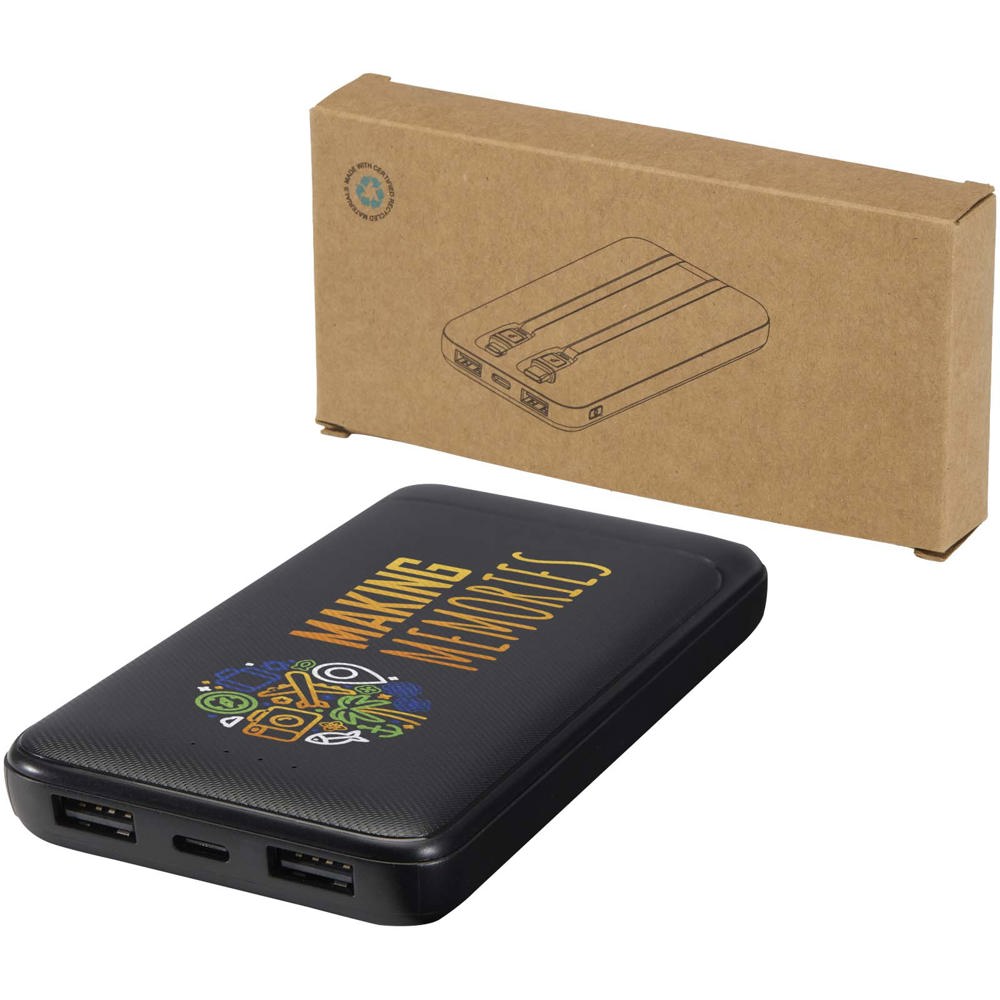 Adhil 10.000 mAh 10W recycled plastic power bank with 2 built-in cables