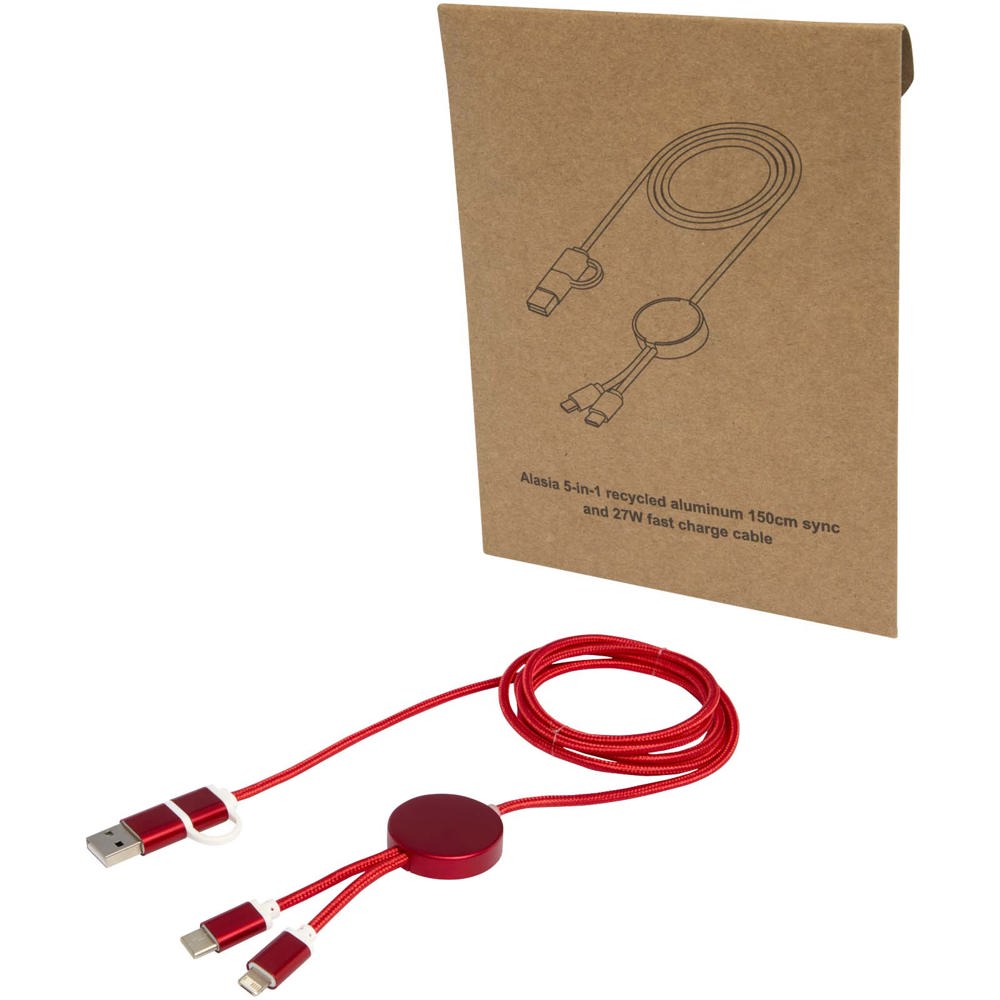 Alasia 5-in-1 recycled aluminium and plastic 150 cm data sync and 27W fast charge cable - Red