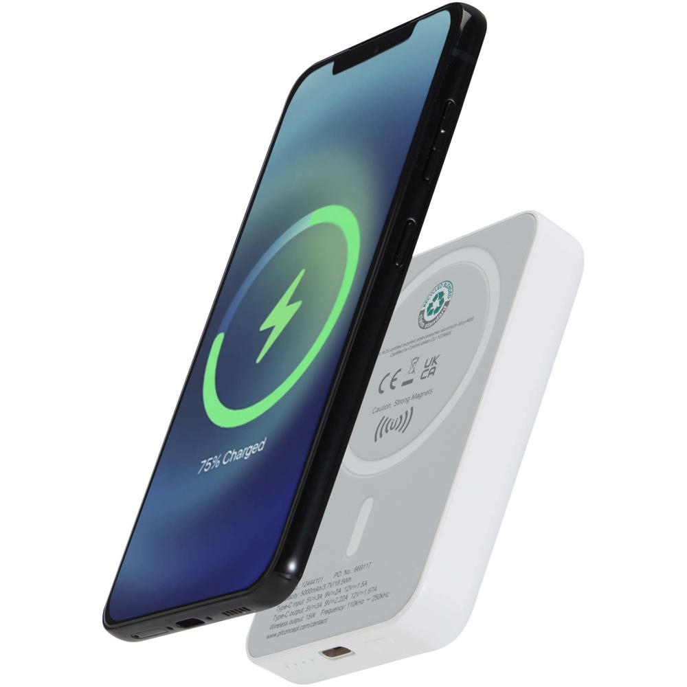 Acrab 5000 mAh 15W magnetic wireless power bank with 20W PD - made from recycled plastic - White