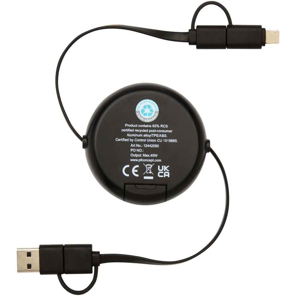 Alasia 5-in-1 100 cm recycled plastic and aluminium retractable data sync and 45W fast charge cable