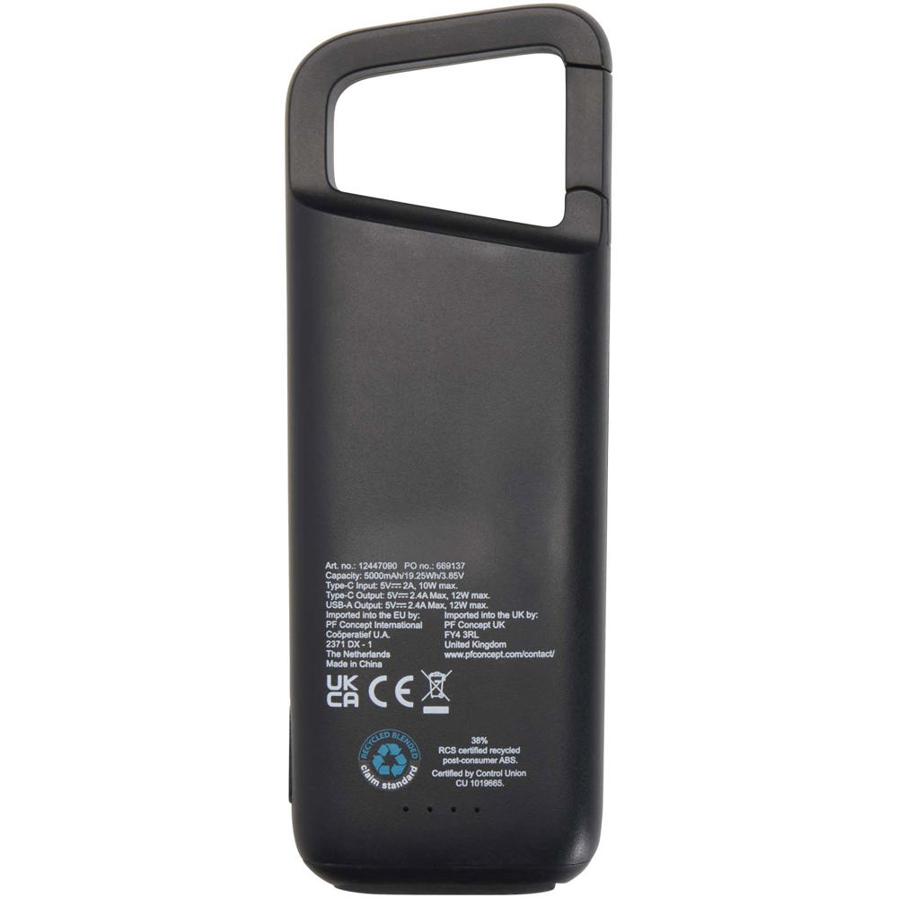 Alkes 5000 mAh 12W recycled plastic water resistant power bank with carabiner