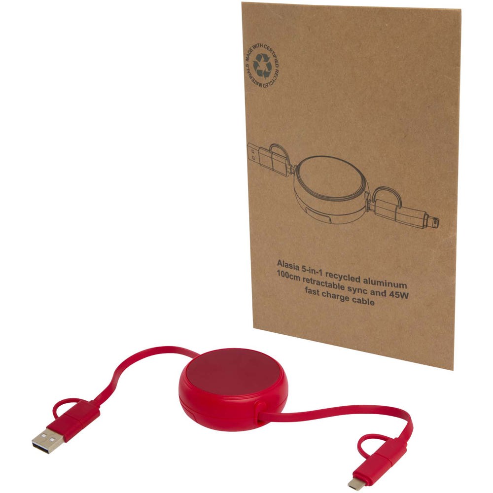 Alasia 5-in-1 100 cm recycled plastic and aluminium retractable data sync and 45W fast charge cable - Red