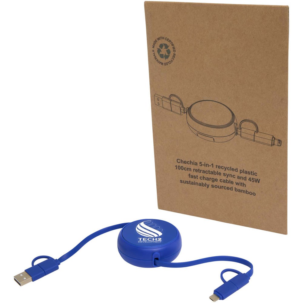 Alasia 5-in-1 100 cm recycled plastic and aluminium retractable data sync and 45W fast charge cable
