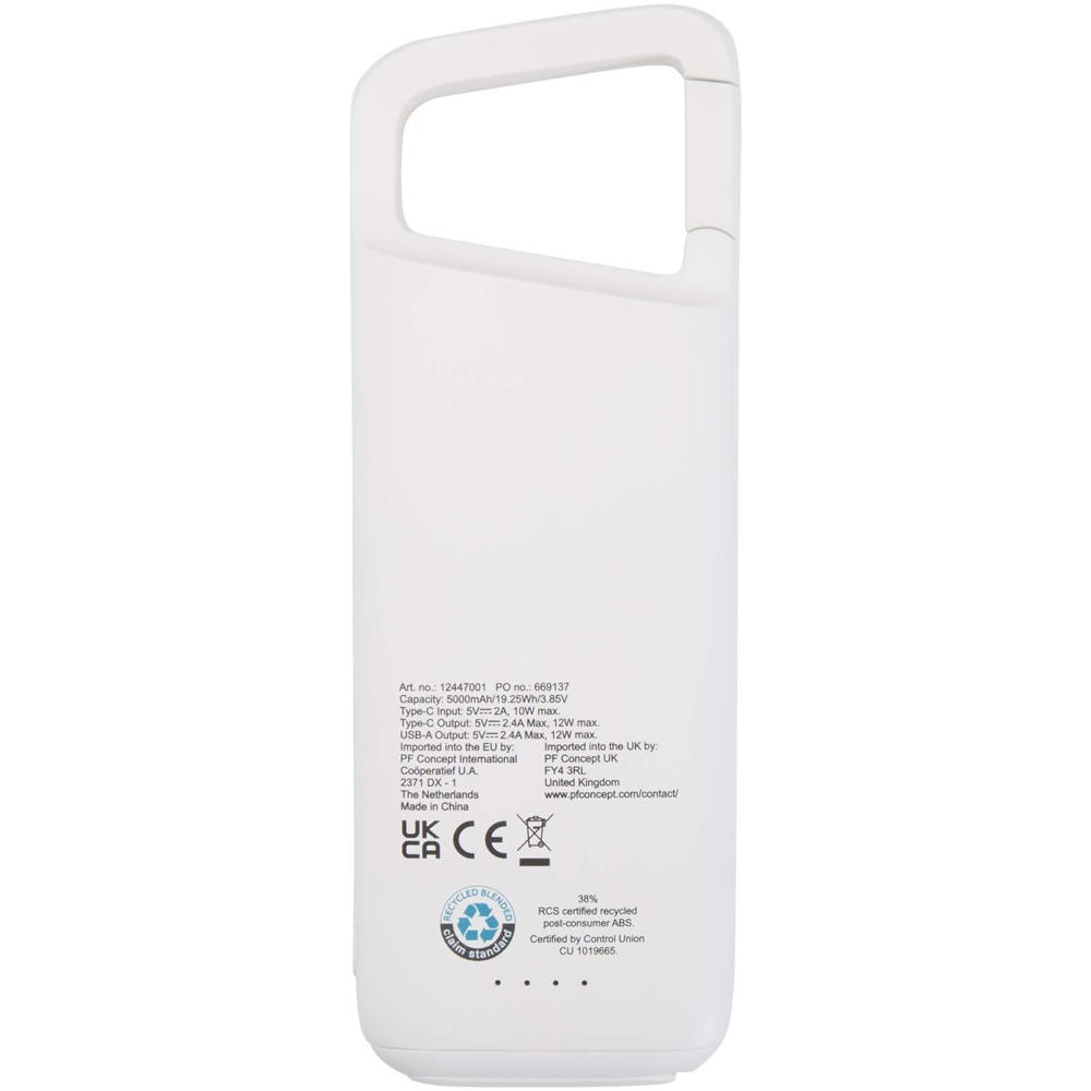 Alkes 5000 mAh 12W recycled plastic water resistant power bank with carabiner
