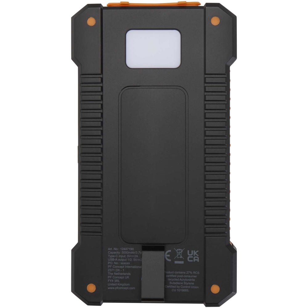 Altair 5000 mAh 10W recycled plastic rugged solar power bank with built-in torch