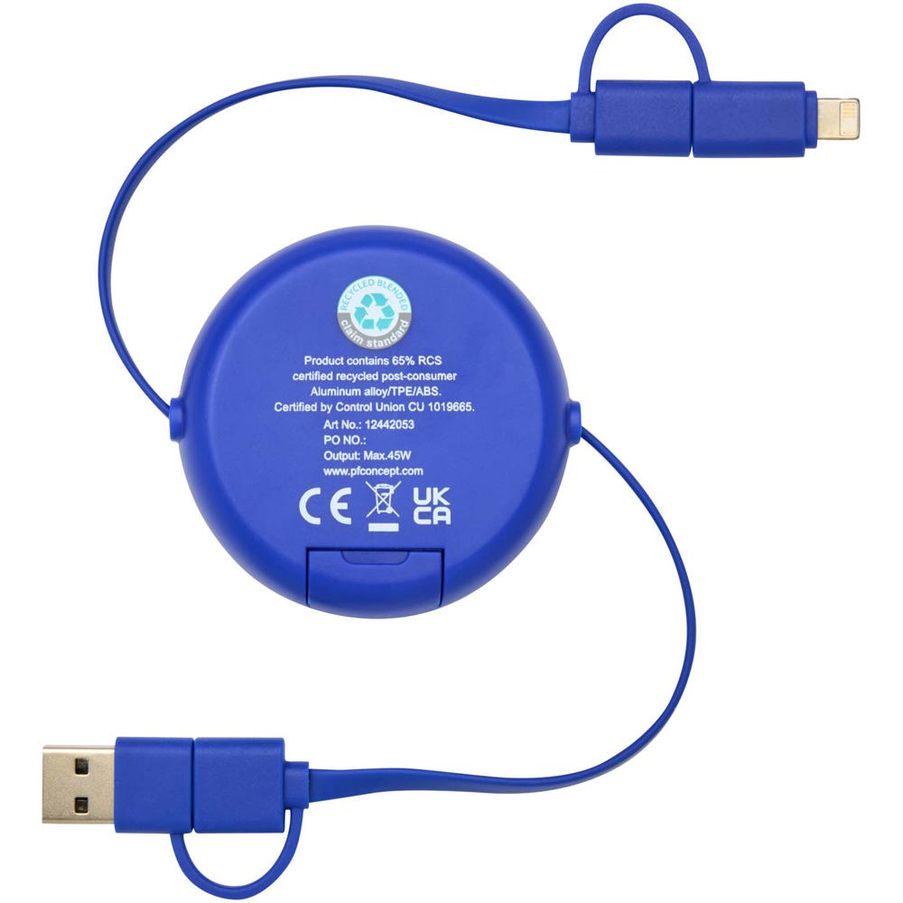 Alasia 5-in-1 100 cm recycled plastic and aluminium retractable data sync and 45W fast charge cable