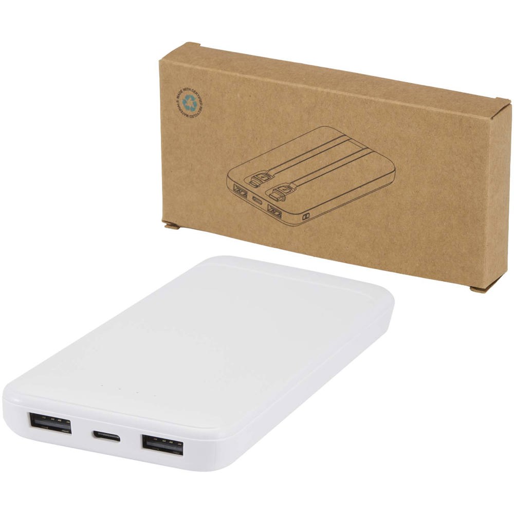 Adhil 10.000 mAh 10W recycled plastic power bank with 2 built-in cables - White