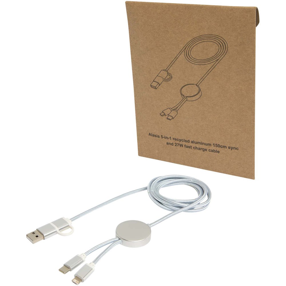 Alasia 5-in-1 recycled aluminium and plastic 150 cm data sync and 27W fast charge cable - Silver