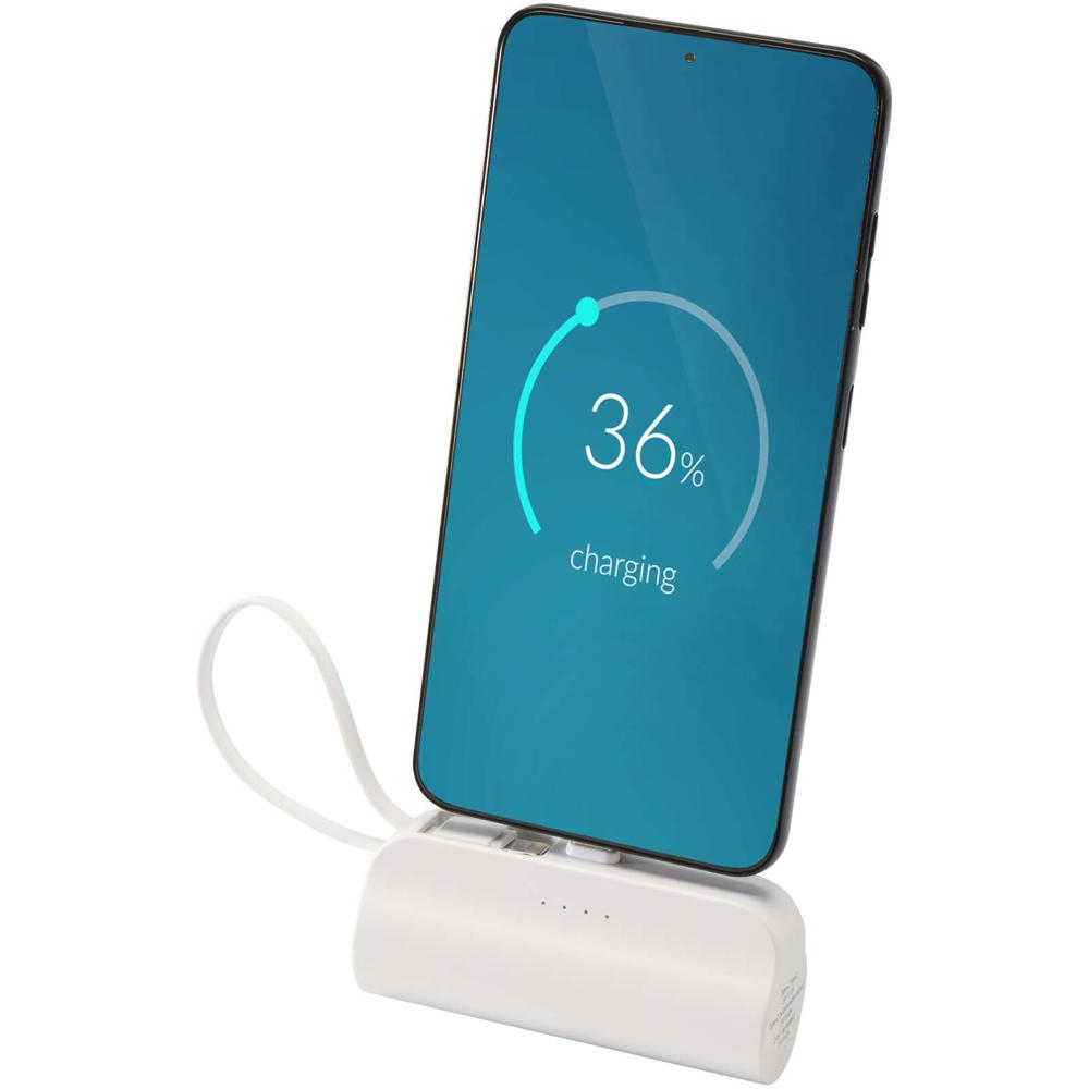 Alnair 5000 mAh 10W recycled plastic Type-C power bank with built-in flip stand and 2-in-1 cable - White