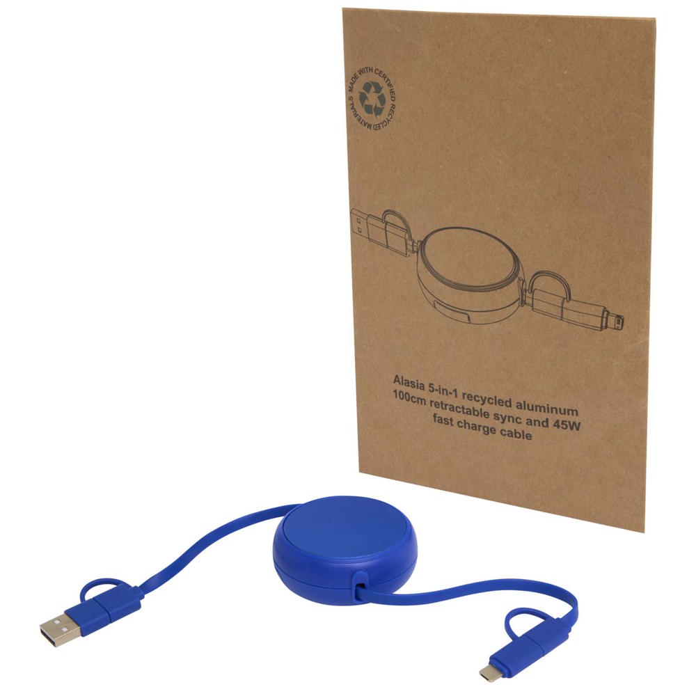 Alasia 5-in-1 100 cm recycled plastic and aluminium retractable data sync and 45W fast charge cable - Royal Blue